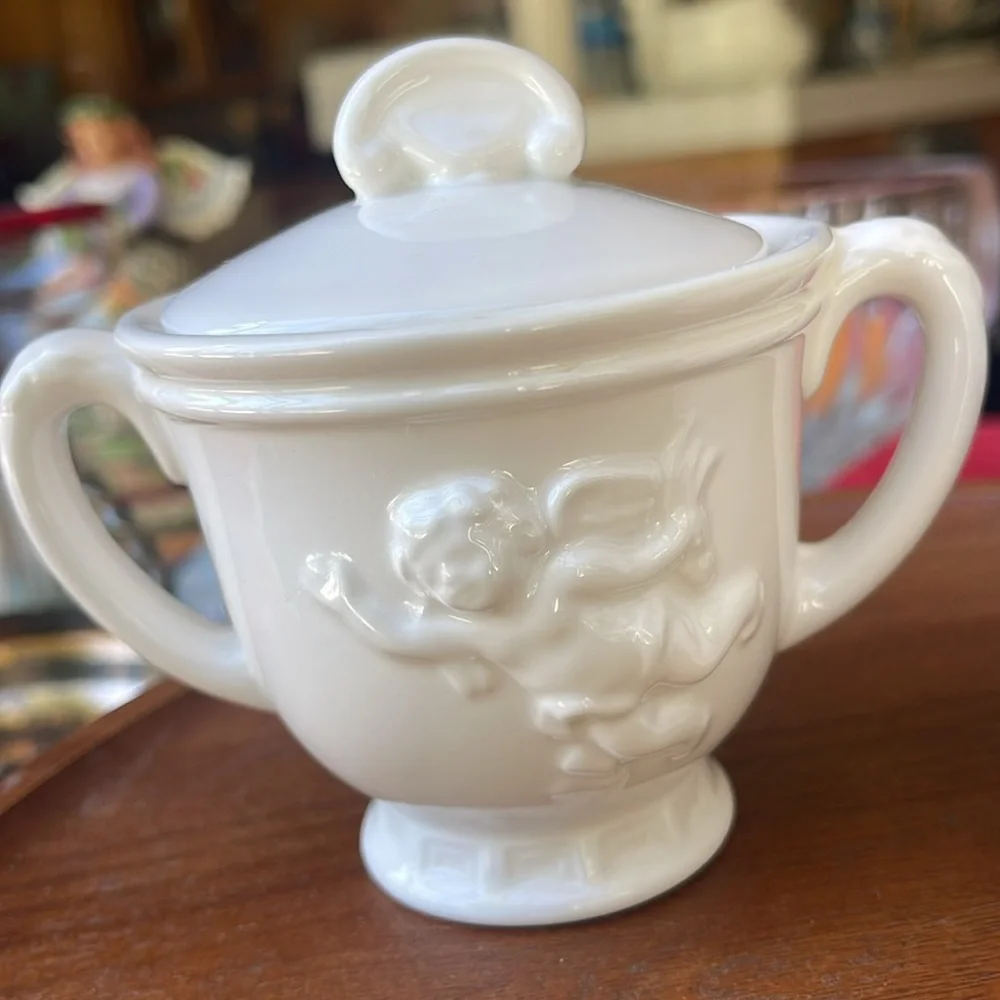 Rare Vintage White Cherub Sugar Bowl and Creamer Set